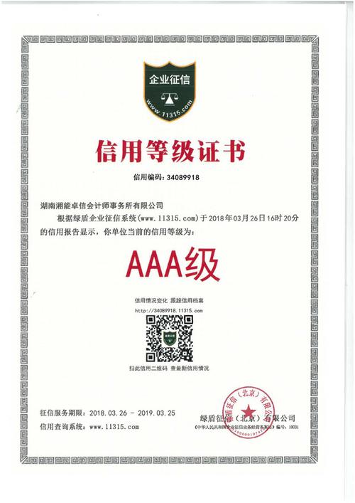 湖南湘能卓信会计师事务所 获得企业征信信用等级"aaa"证书